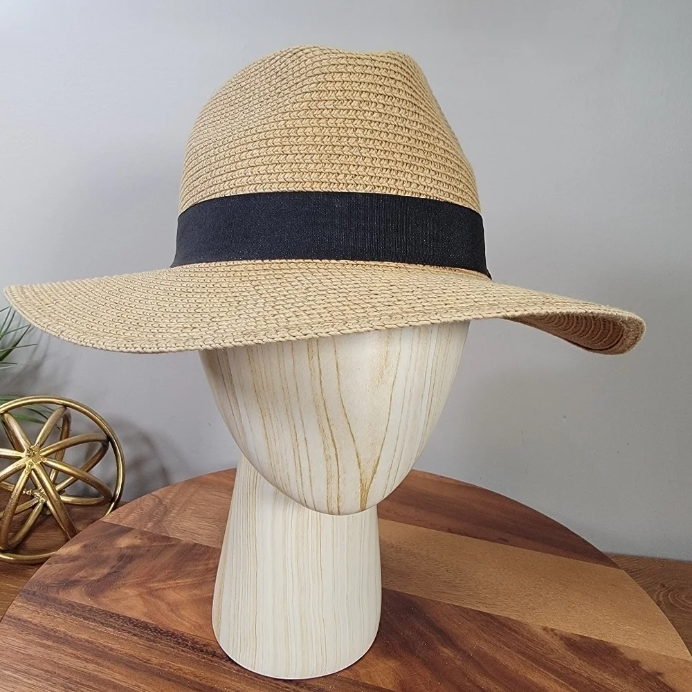 Summer Sun Hat Women's One Size Tan Fedora with Black Band Paper Straw Woven